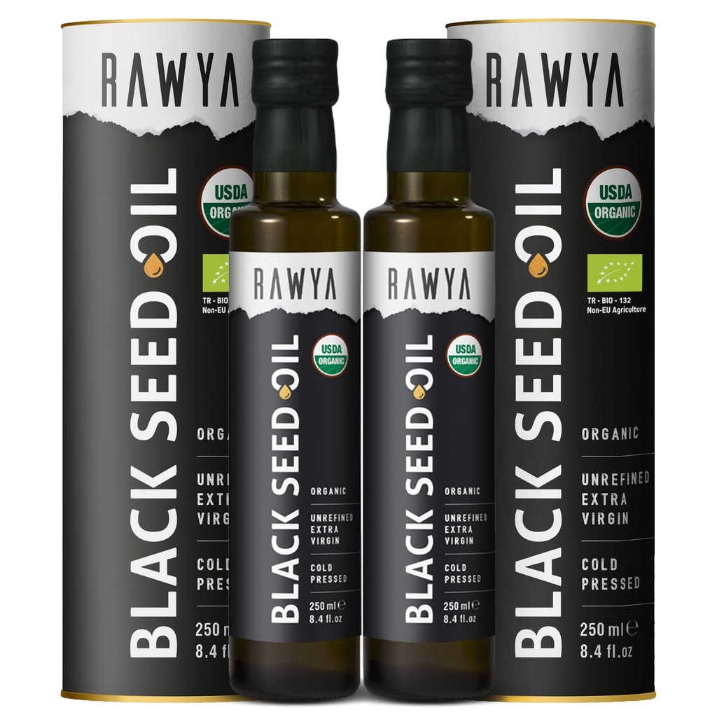 RAWYA Black Seed Oil - Organic Cold Menekan Nigella Sativa - Turki Origin - USDA Organik - Suplemen Alam - Minyak Benih Cumin Hitam - Kaya Flavor & Tinggi Konsentrasi - Botol Kaca 250ml - 2 Pack