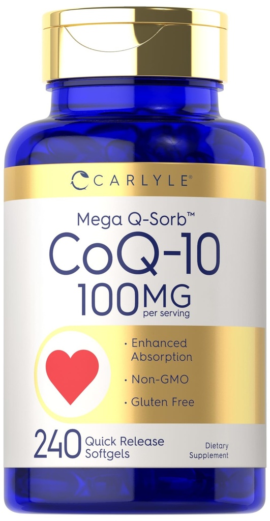 Carlyle CoQ10 100mg 124; 240 Softgeels 12.4; Mega Q-Sorb Koenzim Q-10 124; dengan Black Pepper Extract 124; Non-GMO, Gluten Free Supplemen