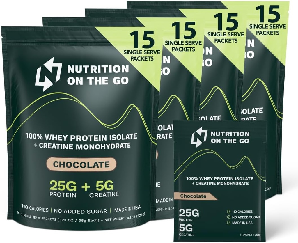 Nutrition On The Go Whey Protein Isolat Paket dengan Creatine - 25g Protein + 5g Creatine - Single - Serve Travel Protein Powder - Chocolate (60- Pack)