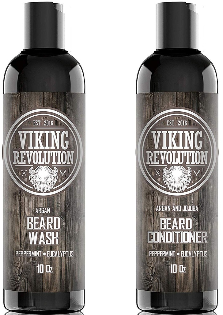 Viking Revolution Shampo dan Conditioner Set - Top-tier Beard Kit dengan Argan & Joba Oil untuk Healthy Beard Growth, No Gitching atau Irritation, Rich Lather, Eucalyptus Scent (10 oz)