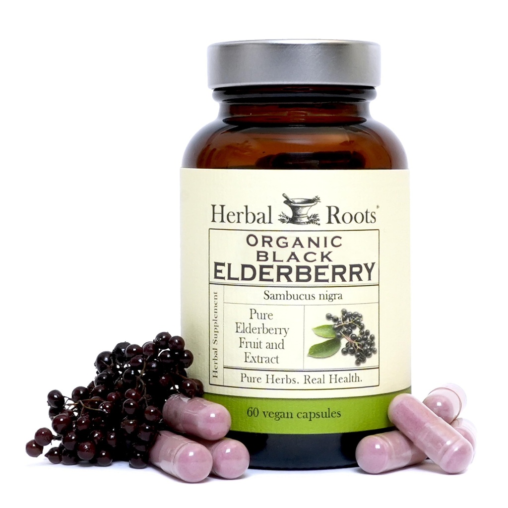 Herbal Roots Organik Hitam Elderberry Capsules 124; Max Kekuatan 124; Dibuat dengan Sambucus Organik 124; 60 Vegan Capsules
