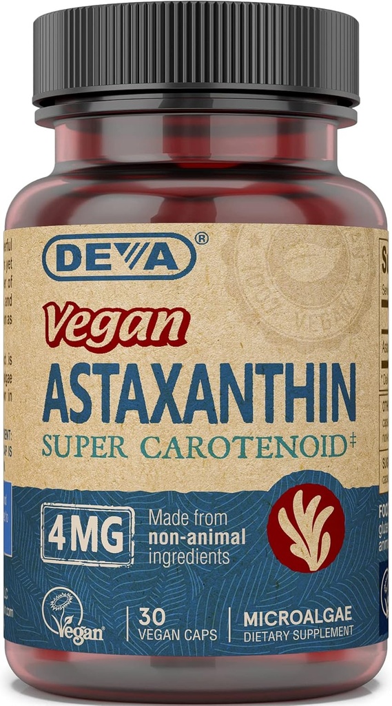 Deva Nutrition Vitamin Astaxanthin 4mg, Vegan, Dibuat dari Haematococcus Pluvialis Microsalgae, 30 Capsules, 1-Pack