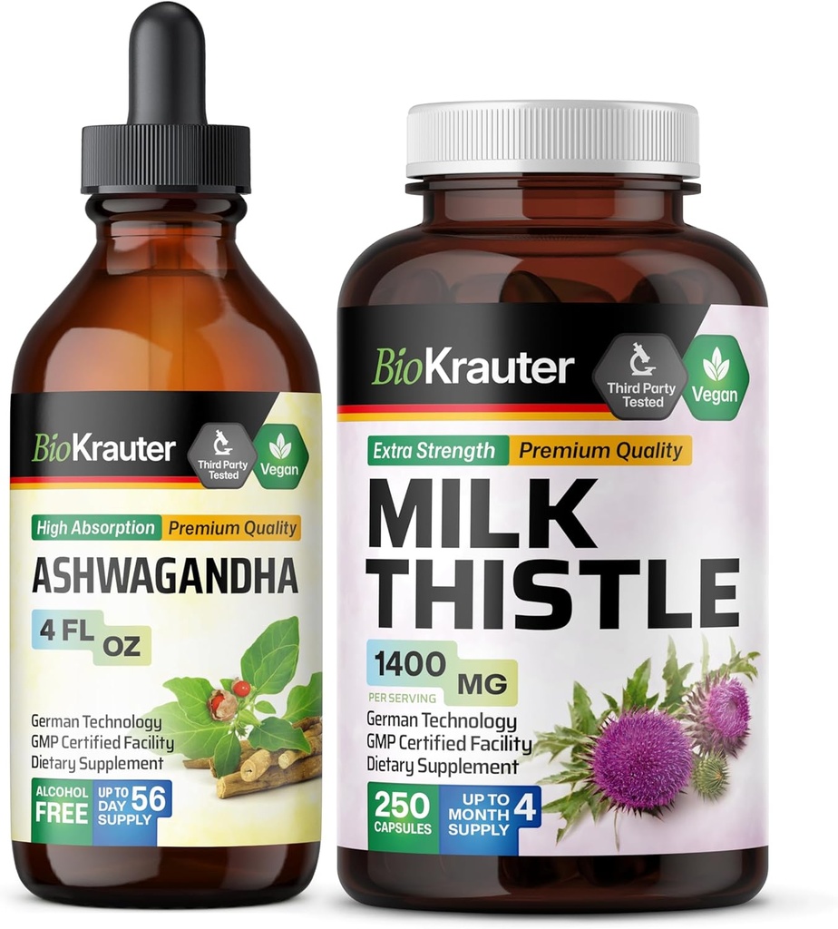 BIO KRAUTER Ashwagandha Ticture 4 Fl Oz. & Milk Thistle 250 Capsules