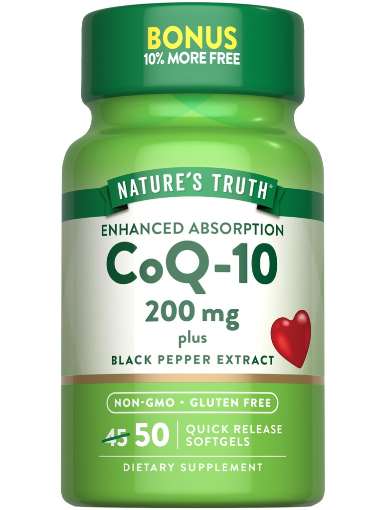 Nature 's Truth CoQ10 200mg Softgeels 124; 50 Count 124; Enhanced Absorpsi Suplemen 124; Plus Black Pepper Extract 124; Non-GMO, Gluten Bebas