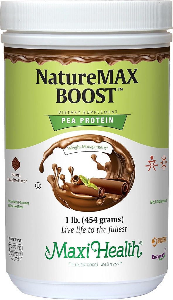 NaturreMax BoostTM Pea Protein Powder - Energi Suplemen Pengganti Meal - 20g Protein Per Serving - Natural Chocolate Flavor - Kosher Vitamin - 1lb.