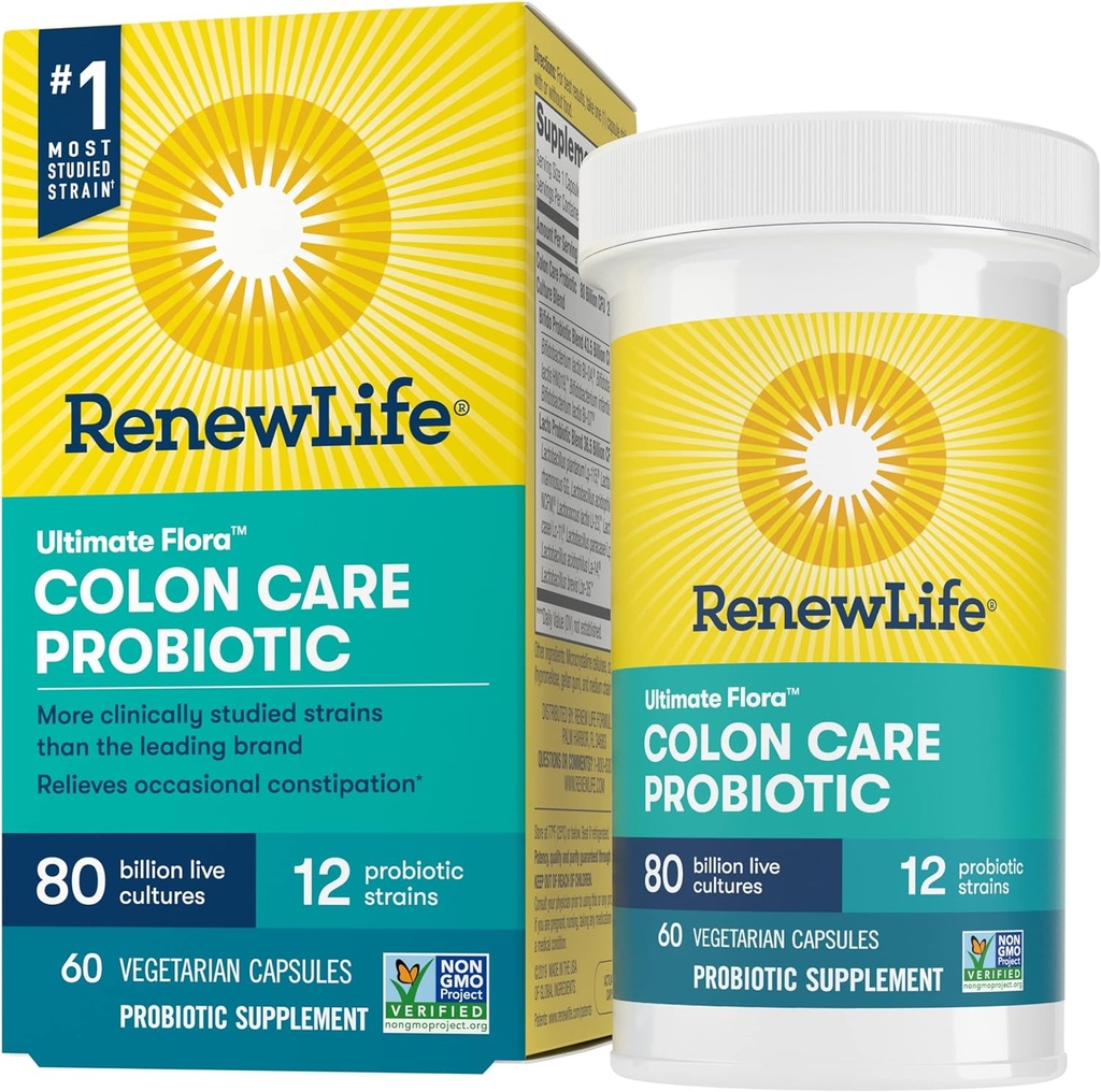 Renew Life Adult Colon Care Probiotic Suplement, Gluten, Dairy & Soy Free, 80 Milyar CFU Per Capsule, 60 Capsules (Paket May Vary)