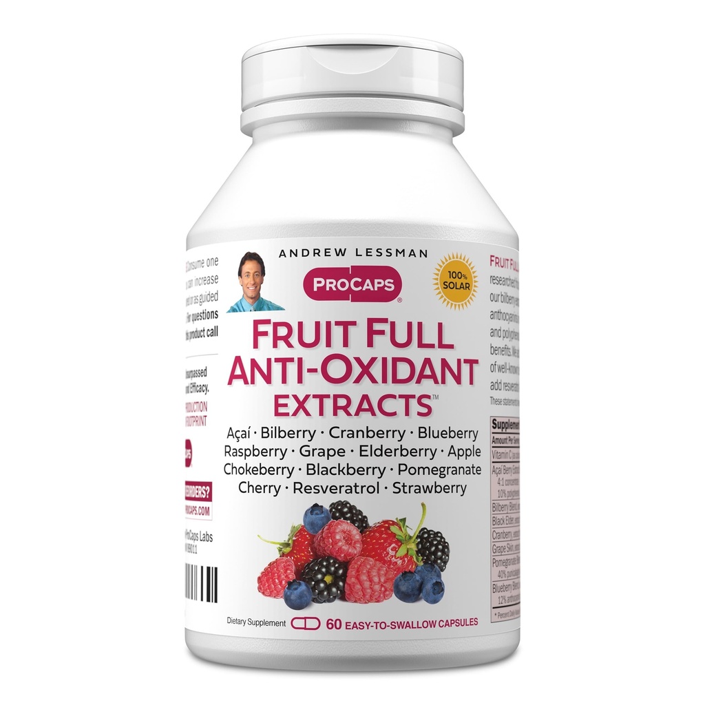 ANDREW LESSMAN Fruit Full Antiidant Extracts 60 Capsules - 14 Natural Fruit and Berry Extracts. Bilberry, Cranberry, Grape Seed, Pomegranate, Reveratrol, dan More.
