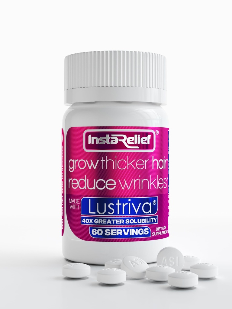 InstaRelief ® Growth with Lustriva ® - Clinical Shown to Grow Thicker, Healthier Hair in 3 Weeks, Reduce Wrinkles and Fine Lines, with Biotin, Silicon, and Arginine, 60 Tablets