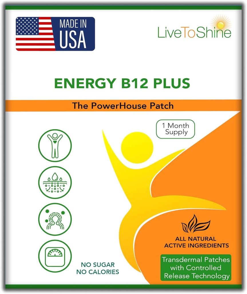 Live To Shine B12 Energy Plus Topical Patch - Energy and Focus Support for Women and Men - 30- Day Suppply - USA Made