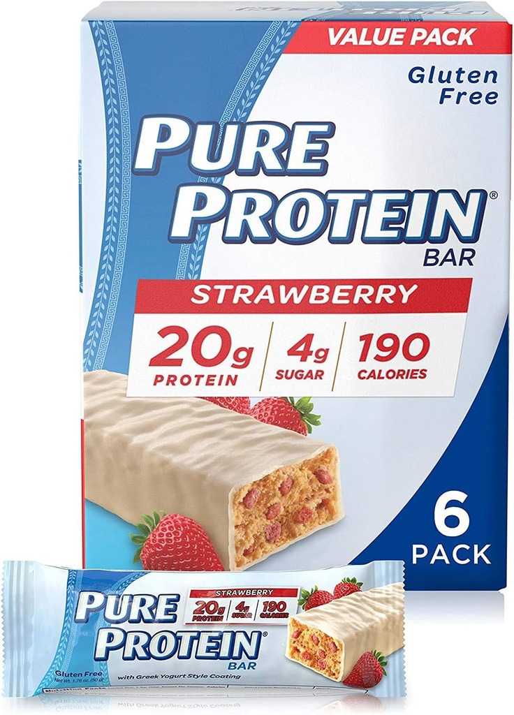 Murni Protein Bars, Protein Tinggi, Makanan Nutrisi untuk Mendukung Energi, Gula Rendah, Gluten Bebas, Strawberry Yunani Yogurt, 1.76oz, 6 Pack