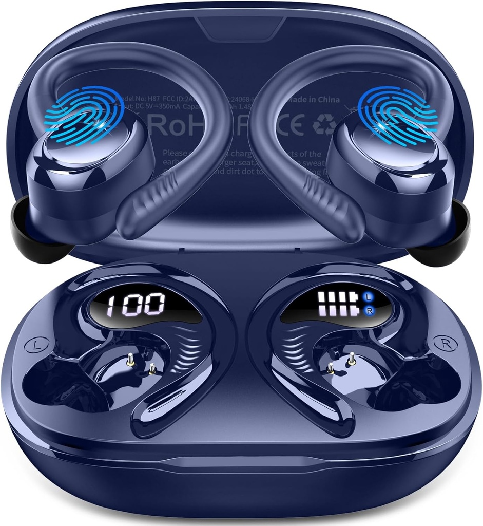 Wiseless Earbuds Sport, 2025 Bluetooth 5.4 Headphones with Earhook, 50H Stereo Deep Bass Over Ear Buds with 4 ENC Noise Canceling Mics, IP7 Waterproof Earphone for Running Workout Gym -Blue