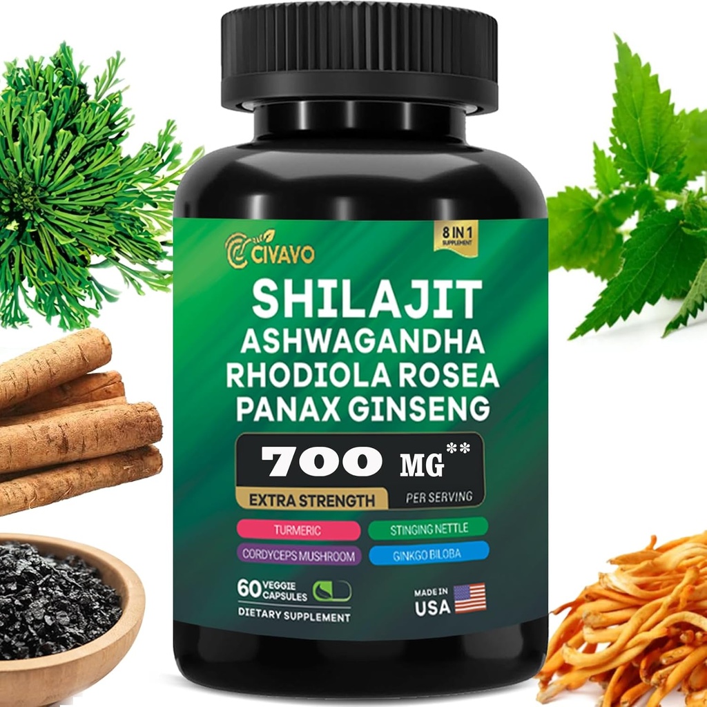 Shilajit Pure Himalaya 9000MG, Ashwagandha 2000MG, Rhodiola Rosea 1000MG, Panax Ginseng 1500MG, Turmeric 500MG, Gingko Biloba Billoba 500MG, Shinging Nettle 250MG, Cordyceps Mushroom 500MG