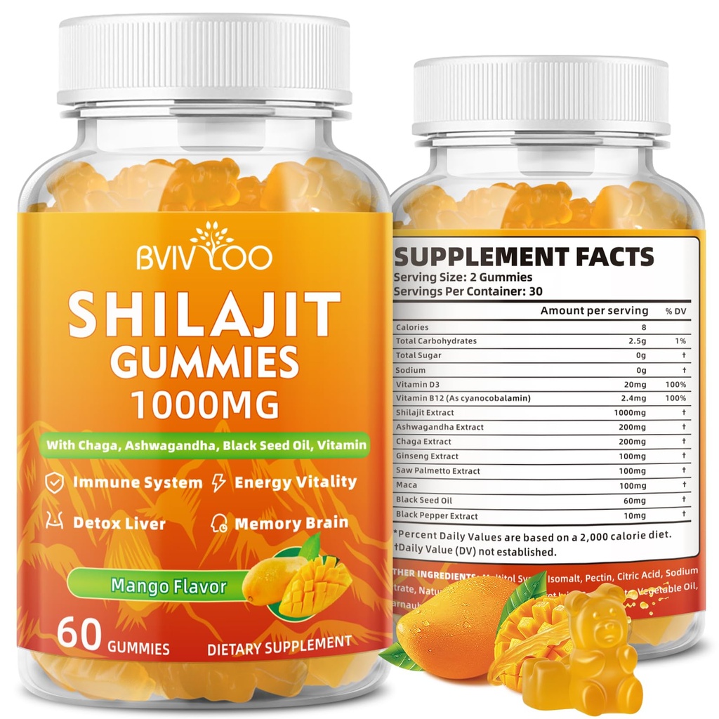 Shilajit Gummies 1000mg Sugar Free - Shilajit Suplement for Men & Women - High in 85 + Trace Minetas & Fulvic Acid - Energy, Brain, Imunity - 60 Gummies