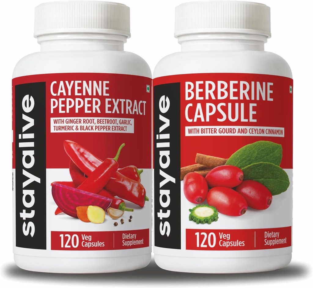 STAY ALVE Cayenne and Berberine Bundle with Ceylon Cinnamon and Bitter Gourd Extract, 240 Vegan Pills, Non-GMO & Gluten Free Berberline Cayenne Pepper Supplemen