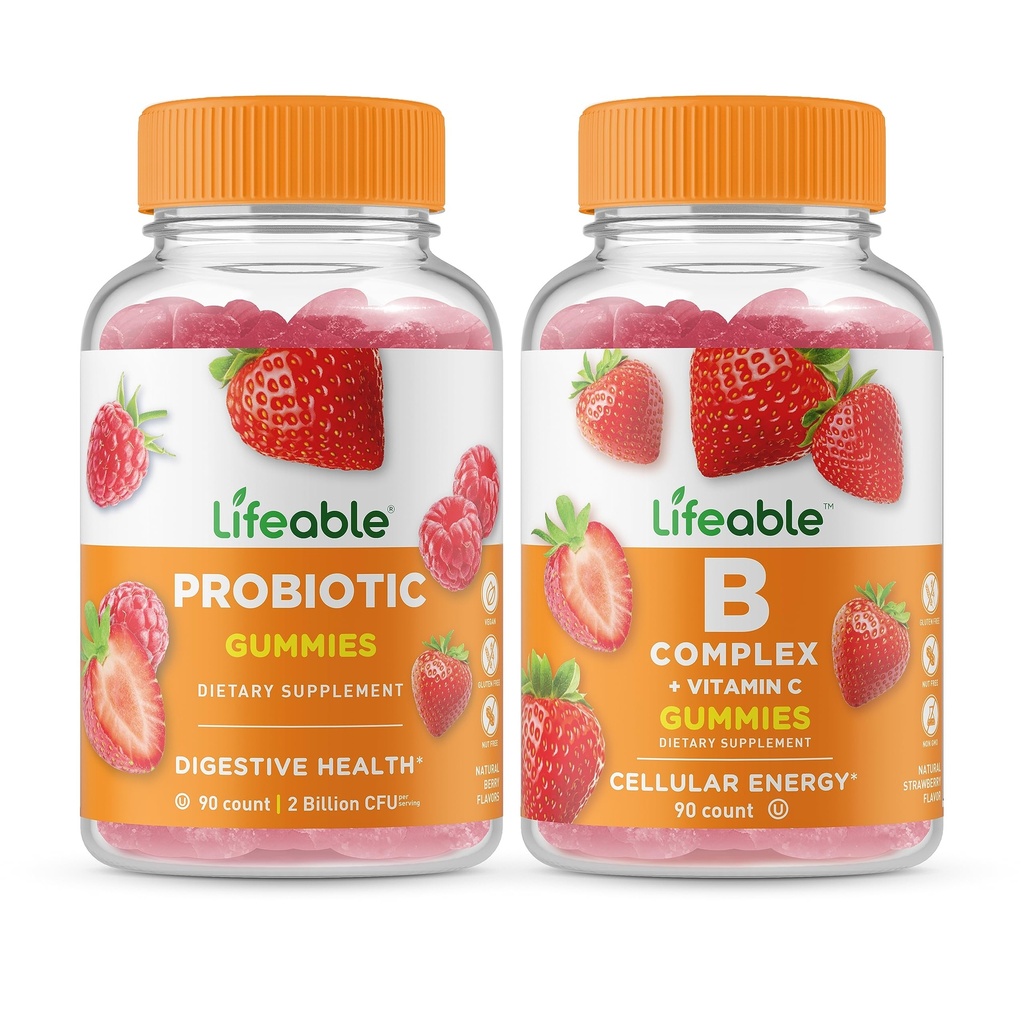 Probiotik Lifeable 2 Miliar CFU + B Kompleks, Gummies Bundle - Great Tasting, Vitamin Suplemen, Gluten Bebas, GMO Bebas, Gummy Chewable