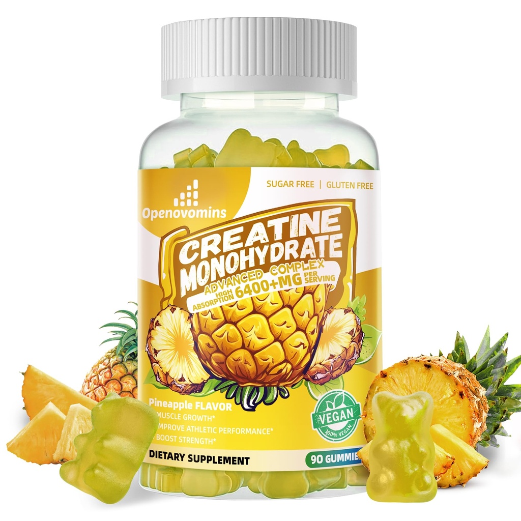 Creatine Monohydrate Gummies Complex for Men & Women -Advanced Formula W / L-Taurine + Vitamin B12, Sugar Free Chewable Suplemen, 90 Pineapple Gummies