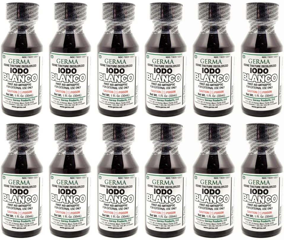 Germa White Iodin Tincture. Antiseptik Aid Pertama untuk Scrapes Minor, Potongan, Bruises dan Burns. Pencegahan Infeksi Skin. 1 oz. Kemas 12