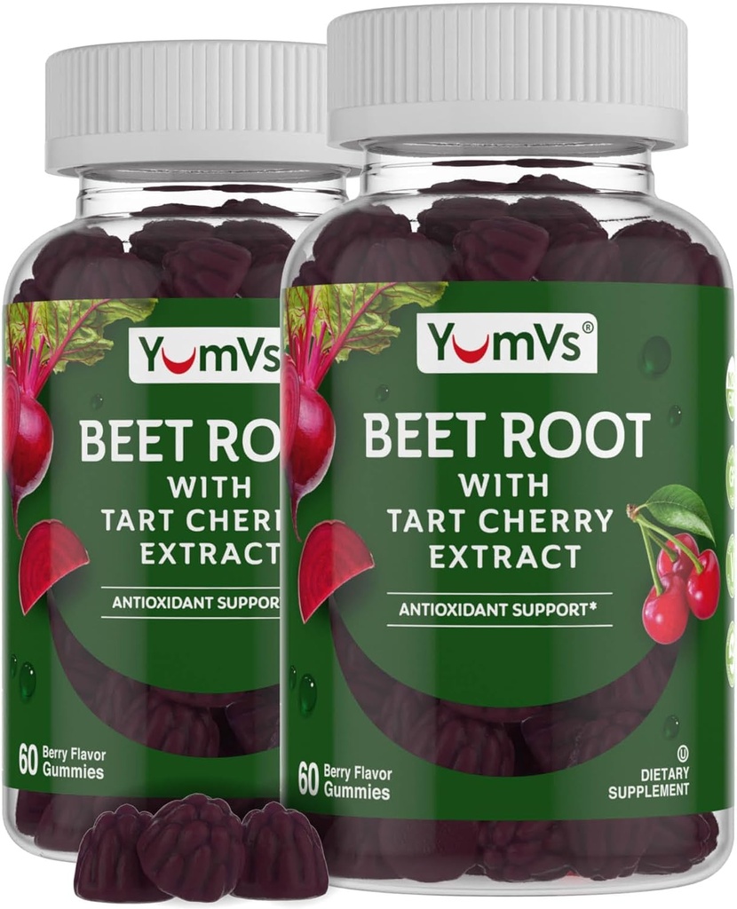 Yum-V 'S Root Gummies Tart Cherry Extract - Berry Flavor Beetroot Gummies - Beet Chews for Blood Circulation and Antioksidant Dukung - Red Beetts Gummies Berry 60 Count (Pack of 2)