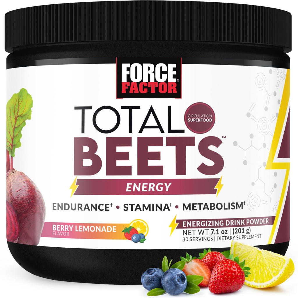 FORCE FacTOR Total Beet Beet Root Powder dengan Energi, NO3- T Nitrate untuk mendukung Sirkulasi, Tekanan Darah, Aliran Darah, dan Stamina - Ditambah Ekstrak Teh Hijau. Suplemen Superfood, 30 Pelayan