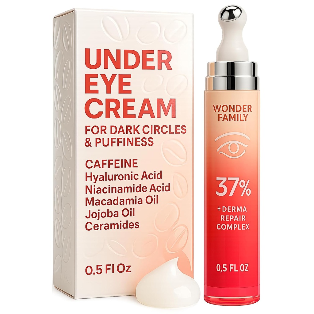 Caffeine Under Eye Cream for Puffiness and Bags Under Eyes - Roller for Puffy Eyes and Dark Circles Under Eye Treatment for Women, Men - Hialuraronic Acid and Niacinamide Serum - Face Puffiness Reducer