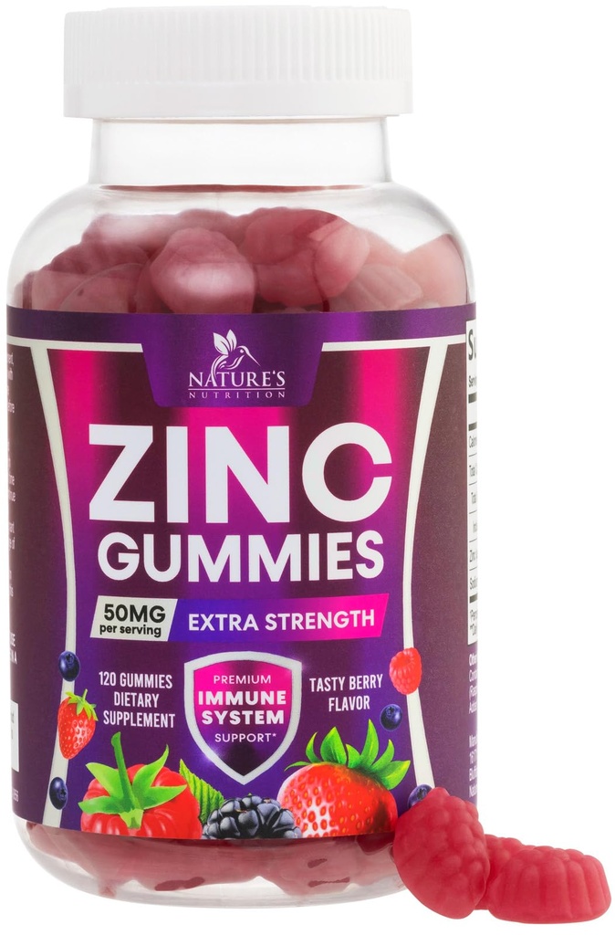 Zinc Gummies 50mg - Bone Skin & Imune Dukung Kesehatan Gummy & Premium Antioksidant Chewable untuk Dewasa - Gegan Absorpsi Tinggi, Gluten Free Zinc Suplemen Vitamin - Tasty Berry Flavor - 120 Gummim