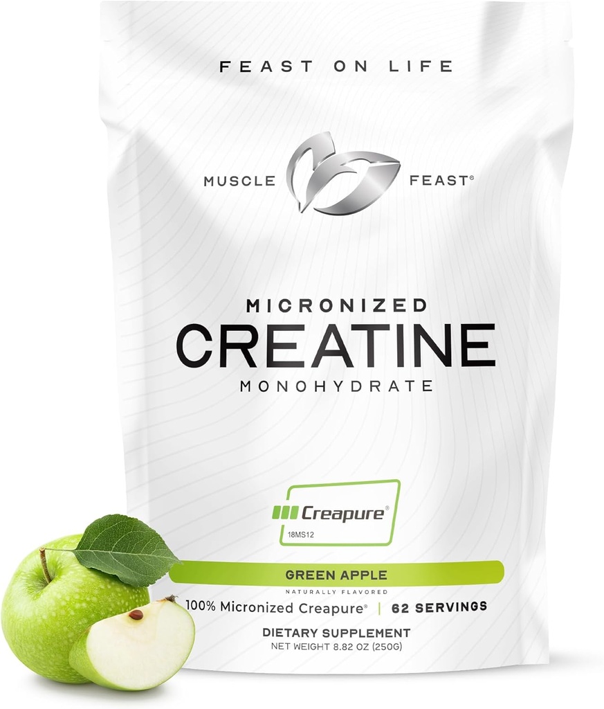 Muscle Feast Creapure - Micronized Creatine Monohydrate Powder Creadder: Premium Pre-Workout atau Post- Workout 124; Flavared Creatine for Women 124; Easy to Mix, Gluten- Free, Safe and Pure (Green Apple, 250g)