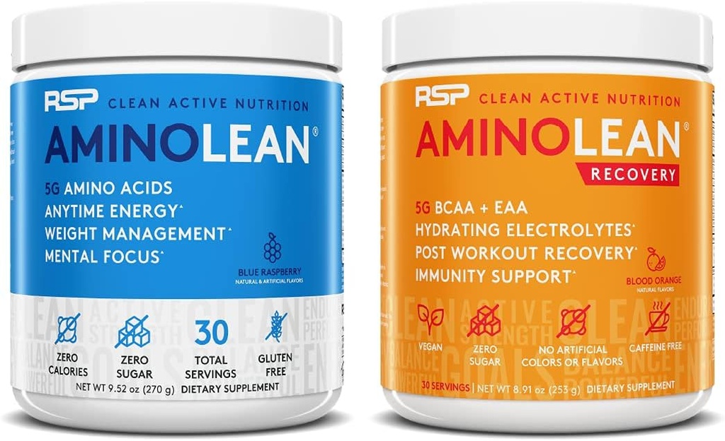 RSP NUTRITITSI AminoLean Pre Energy (Blue Raspberry 30 Servings) with Aminolean Recout Boost (Blood Orange 30 Servings)