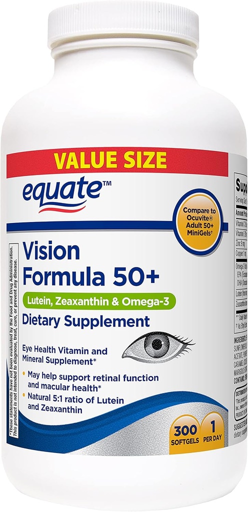 Equate Vision Formula 50 + Lutein, Symxanthin & Omega-3, 300 Softgels