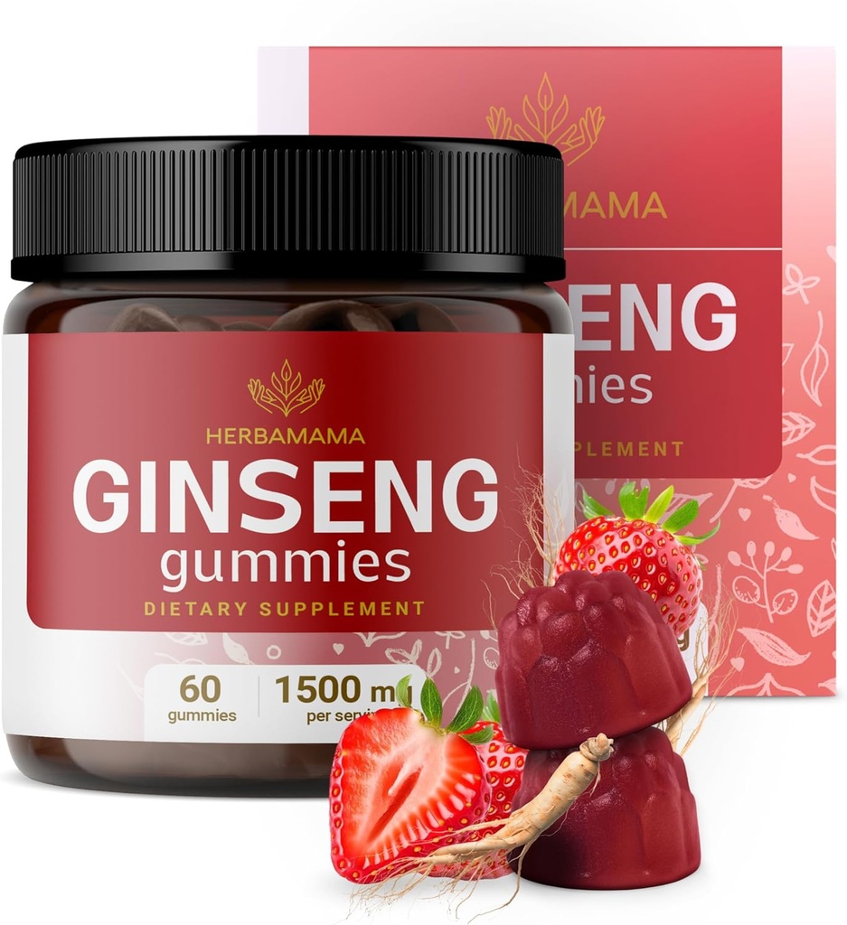 HERBAMA Panax Ginseng Gummies - 1500mg Korea Red Ginseng Root for Energy - Vegan, Non-GMO Red Panax Immune Supppplemen - 60 Pectin- Berdasarkan Strawberry- Flavored Chews