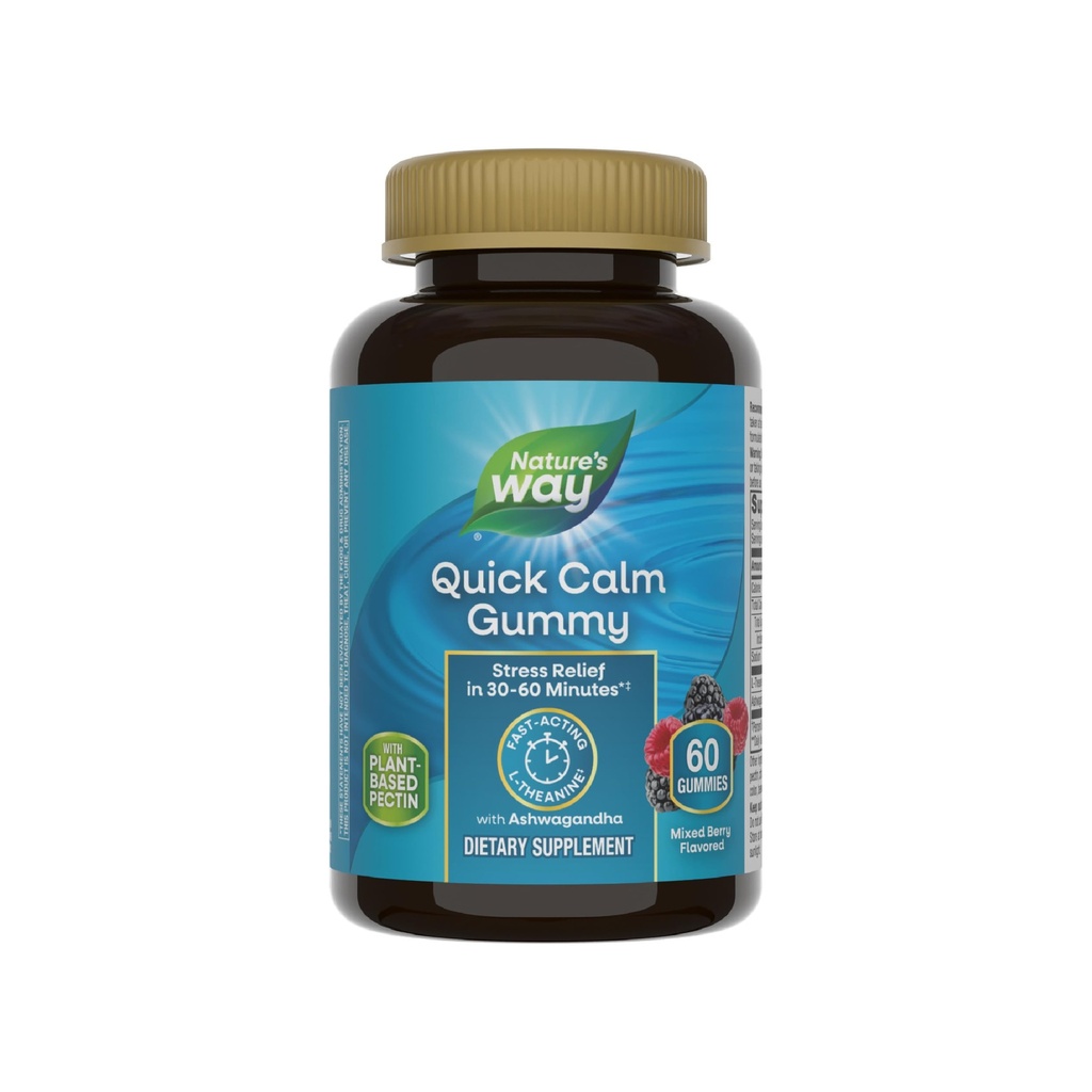 Nature 's Way Quickle Mimmies, L- Theanine for Relaxation *, Fast-Acting, Stress Relief dari L- Theanine Dalam 30- 60 menit *, dengan Ashwagandha, Vegetarian, Mixed Berry Flavored, 60 Gummies