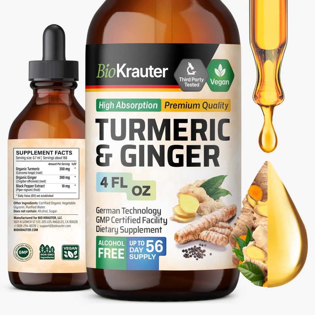 BIO KRAUTER ® Turmeric dan Ginger Supplement - Pure Vegan Liquid Turmeric & Ginger Tincture with Pepper 4 Fl.Oz 56 Days of Supply - Curcumin Drops for Joint Dupport, Antioksidant & Imune Support