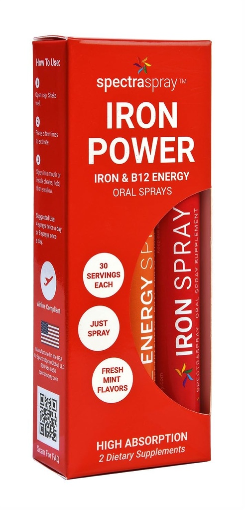 SpectraSpray Iron & B12 Vitamin Cair Oral Spray Kit - Food Grade Iron sebagai Harian Mineral dan B12. Vegan, Gluten Free & Sangat Efektif, 30 Hari Supply per Semprot