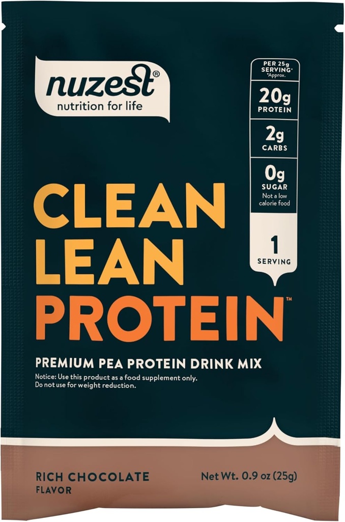 Nuzest - Pea Protein Powder - Clean Lean Protein, Premium Vegan Plant Based Protein Powder, Dairy Free, Gluten Free, GMO Free, Alamed Sweeded Protein Shake, Rich Chocolate, 1 Serving, 0.9 oz