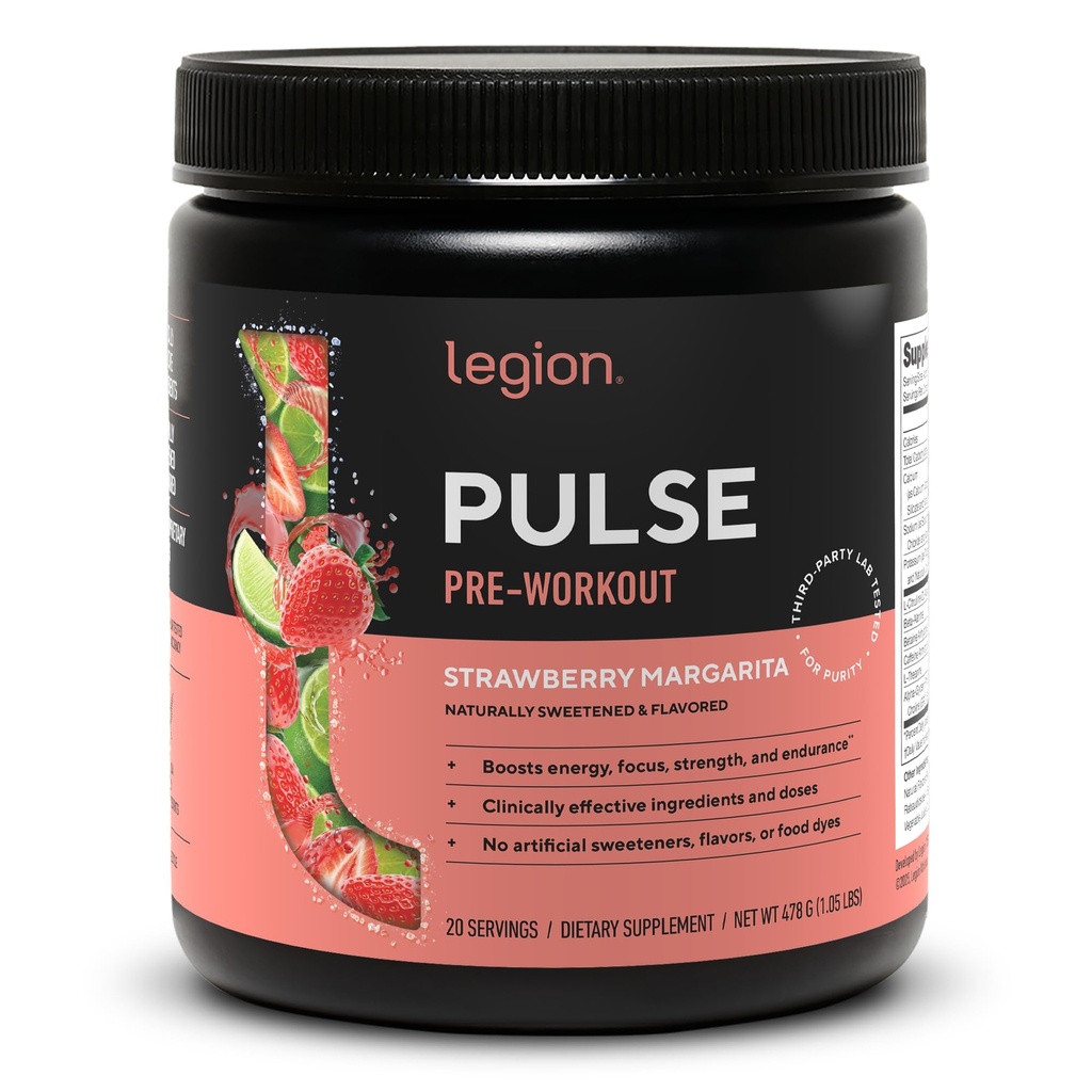 LEGION Pulse Pra Workout - All Natural Nitric Oxide Pretraining Drink to Boost Energy, Creatine Free, Alamic Sweetened, Beta Alanine, Citrulline, Alpha GPC (Strawberry Margarita)