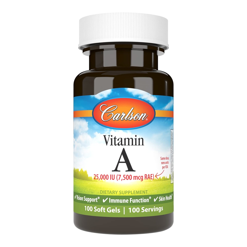 Carlson - Vitamin A, 25000 IU (7500 mcg RAE), Vision & Skin Health, Immune Fungsi, 100 buah lembut