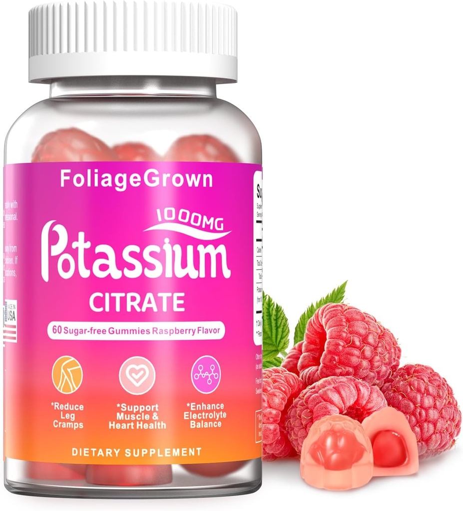 Tambahan Kalium Gummies - Tambahan Potasium untuk Kram Kaki, Muscle & Heart Health - Tambahan 1 Bulan (60 Cacah)