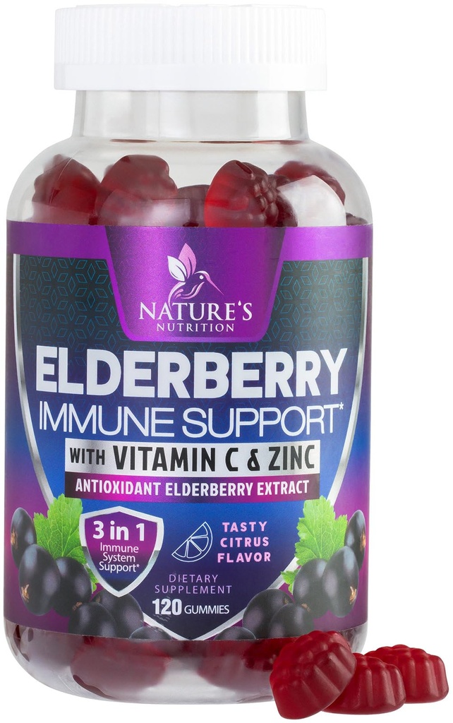 Imune Dukung Gummies dengan Ekstrak Elderberry - Sambucus Elderberry Gummy dengan Zinc & Vitamin C, Vegan Natural Support Ammune Support for Dewasa & Kid, Gummy Elderberry Vitamin - 120 Gummies