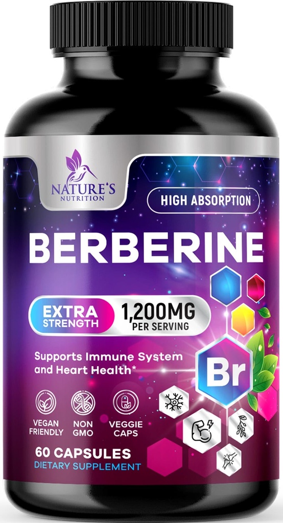 Suplemen HCL 1200 mg - Berberine HCI Capsules Suplemen Absorpsi Tinggi untuk Kesehatan Jantung & Imune Dukungan, Kekuatan Tinggi, Gluten- Bebas, Vegan, Pil Non-GMO - 60 Veggie Capsules