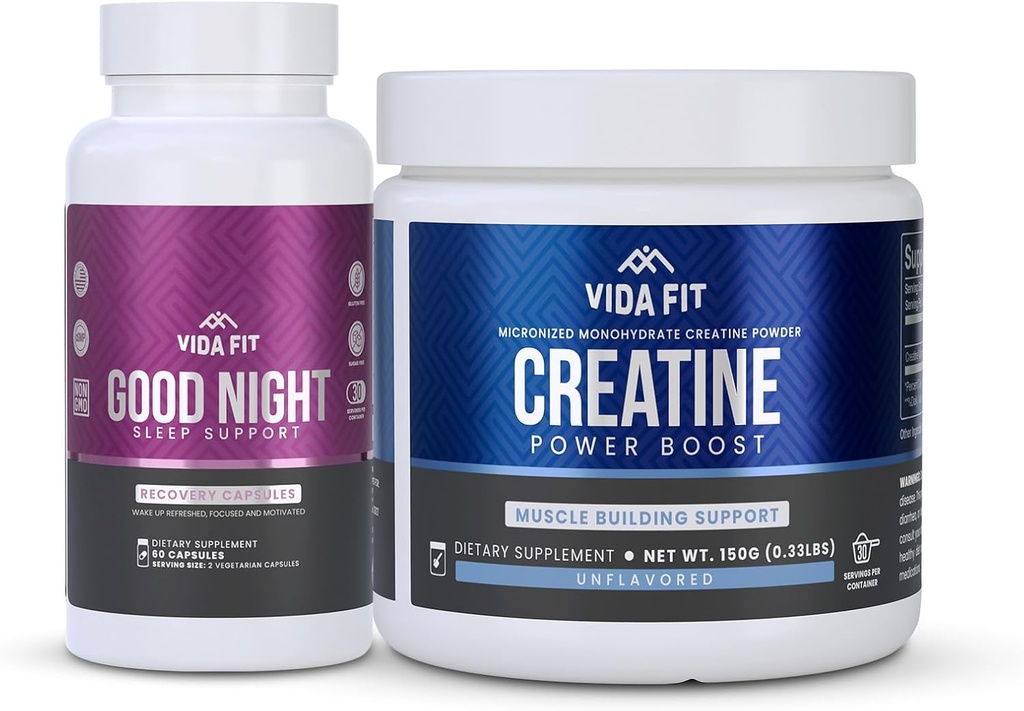 Good Night Natural Sleep Aid (60 Capsules) & Mikronized Creatine Monohydrate Powder (150g) Bundle - Natural Sleep Support with Melongadin, Ashwagandha & L- Theanine, Plus Pure Vegan Creaktine for Enhance