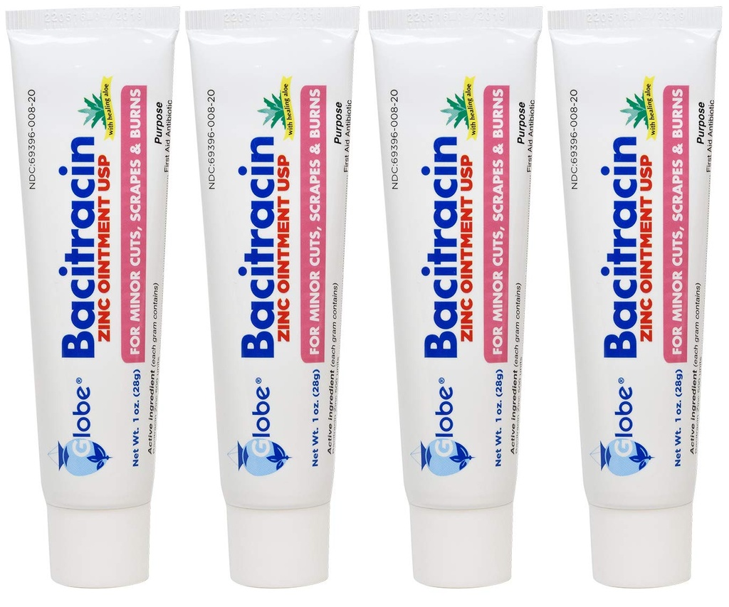 (4 Pack) Globe Baciracin Zinc Olessed + Aloe 1oz, Antibiotic Oquiletic Applies First Aid Suply, Healing Action, Maximum Antibiotic Power, Prevention Infeksi dalam pemotongan, goresan, luka bakar