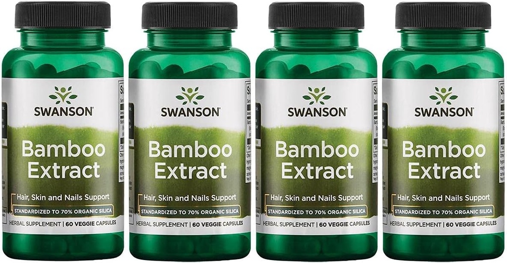 Extract Swanson Bambu - Natural Hair, Skin dan Nails Suplemen - 70% Formasi Konten Silica & Perkembangan Tulang - (60 Veggie Kapsul, 300mg Masing-masing) 4 Pack