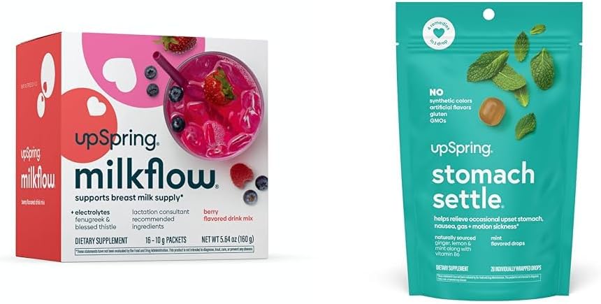 UpSpring Milkflow Electrolite Breatfeating Supplement Mix with Fenugreek Stomach Preach Drops for Occational Nausea Relief / Upset Athoach with Ginger, Lemon, Spearmint, and B6.