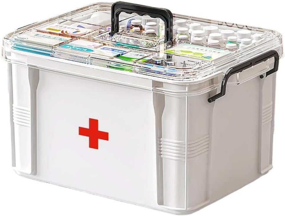 Kotak Penyimpanan Obat-obatan, Penyelenggara Botol Pil, Kompartemen Ganda, Transparan, Kapasitas Besar, Putih