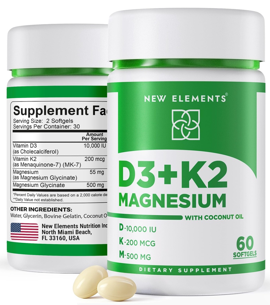 Elemen Baru Vitamin D3 D2 10.000 IU dengan Magnesium Glycinate 500mg - Bone Health, Imune Dukungan, Energi & Mood - Nun-GMO, Bebas, Sugar- Free Softgeels untuk Perempuan & Men (60 softgel)