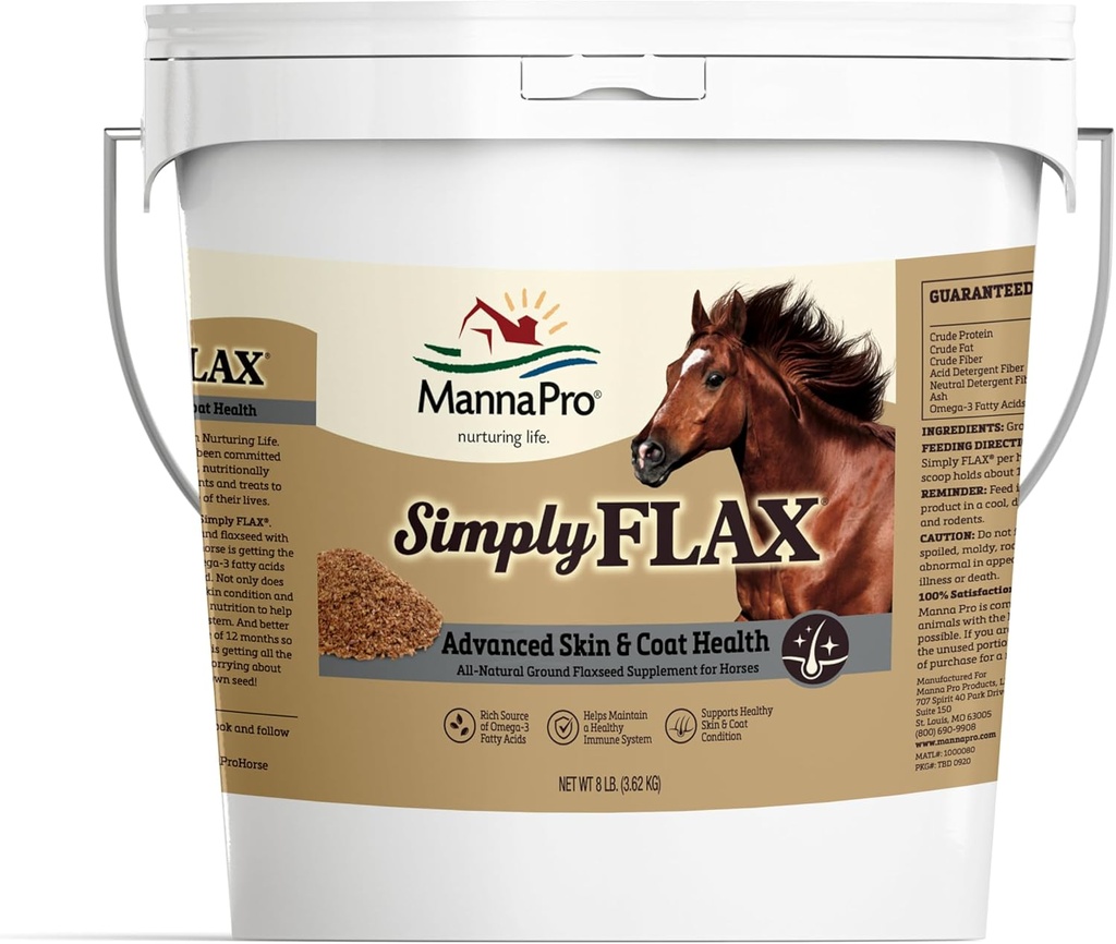 Manna Pro Simple Flax for Horses - Omega-3 Kaya Flaxseed Suplement - Pendukung Kesehatan Coat, Fungsi Gabungan & Imune System - Sumber Alam Acids Essifat - Ground Flax - 8 Ibb Bag