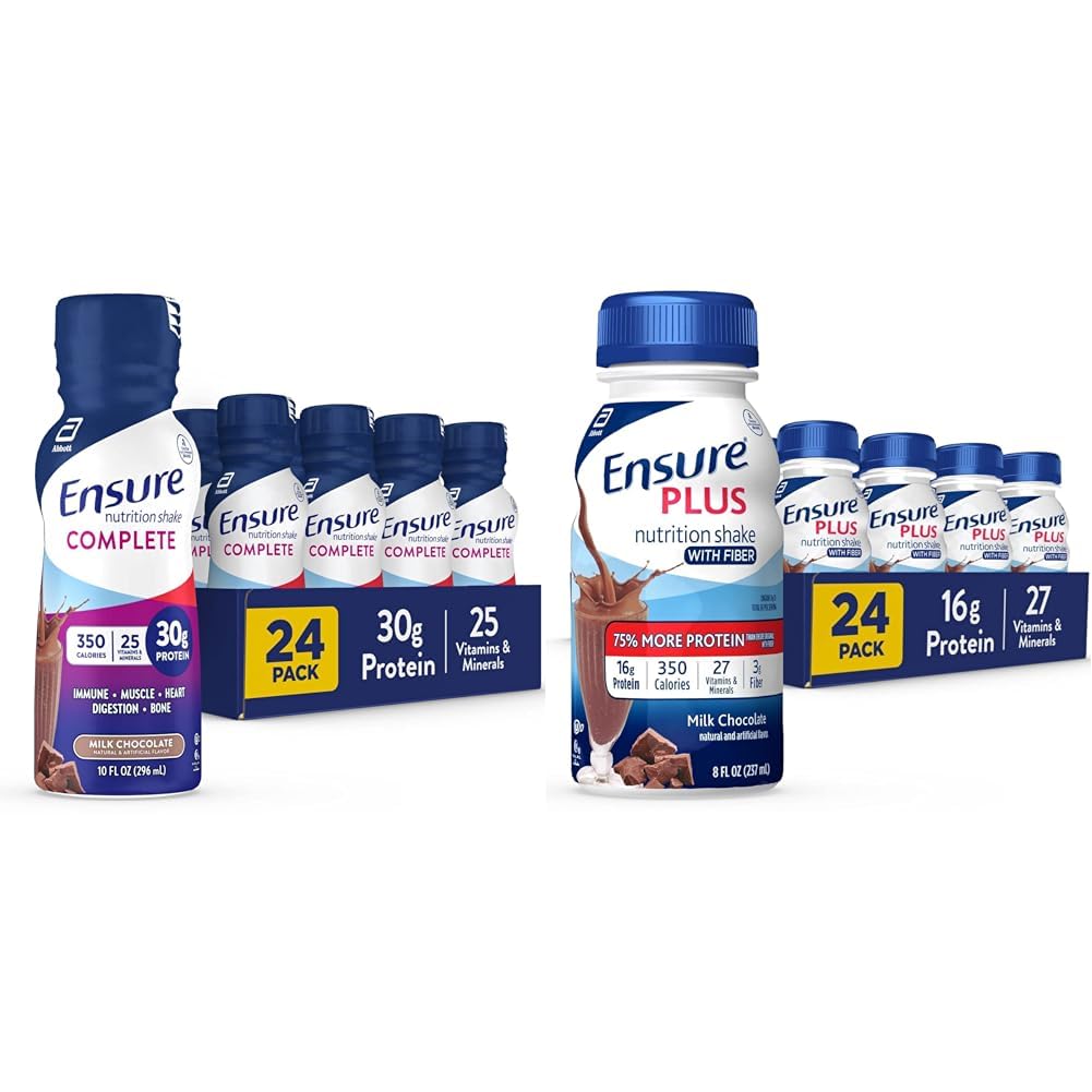 Ensure Complete Nutrition Shake & Ensure Plus Nutition Shake With Fiber, 16 Grams of Protein, Meal Replacement Liquid, Milk Chocolate, gluten free, 8 Fl Oz (Paket 24)