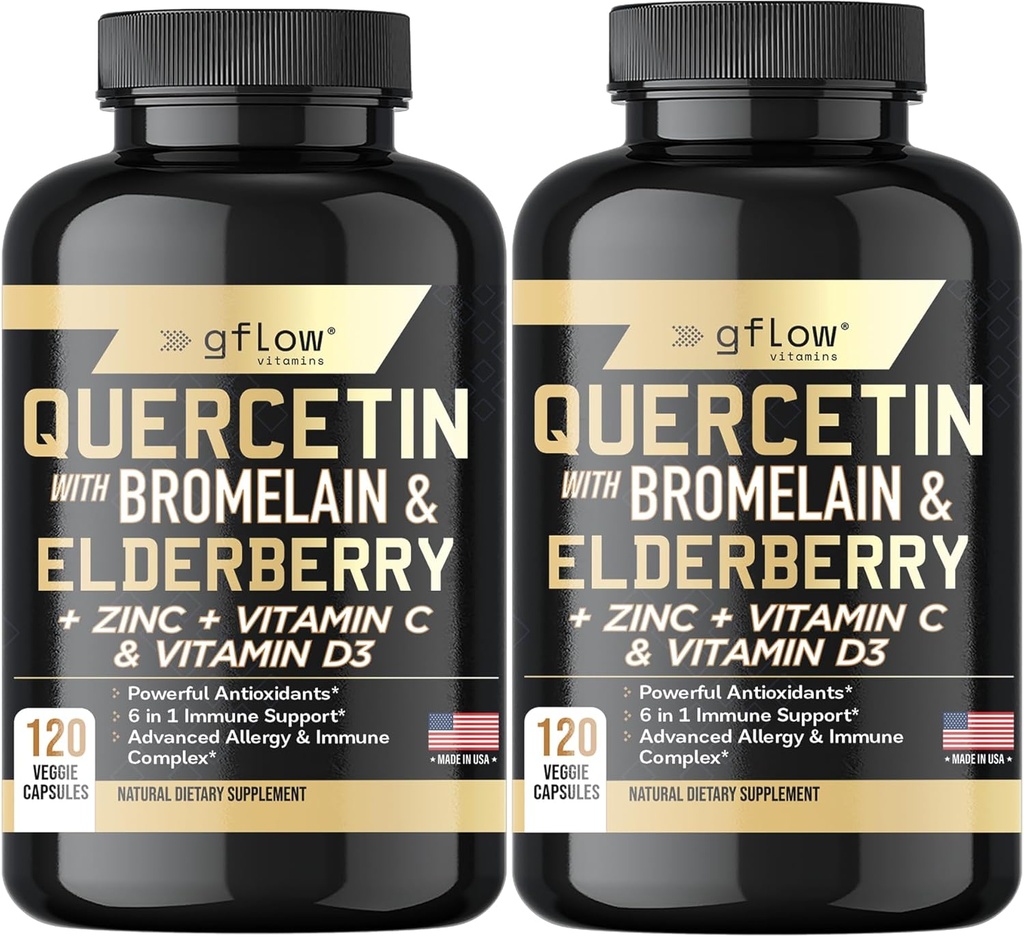 Quercetin dengan Bromelain Zinc Vitamin C Vitamin D Elderberry - 120 Vevgie Capsules, Non-GMO, Gluten- Free Gluten- Free Suppplemen Ammune 124; Made in USA 124; 4 Bulan Supply