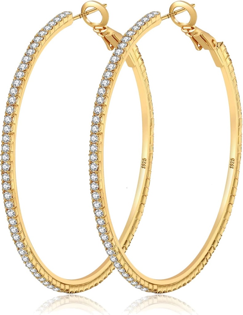 MOROTOLE 14K Gold Rhinestone Hoop Earrings - Fashion Thin Big Hoops, hypoallergenic, 20 / 30 / 40 / 50 / 60 / 70mm