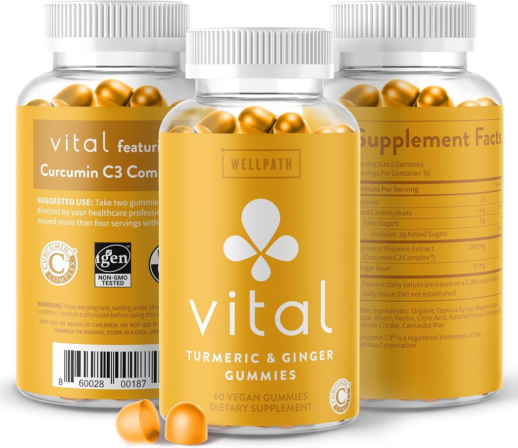 WellPath Vital Turmeric Gummies + Ginger - Bersama Dukung Curcumin Suplement, Turmeric Curcumin C3 Complex, Alternatif Tasty ke Capsules, Turmeric & Ginger Root, Tropical Flavor Chews, Vegan, 60 Ct