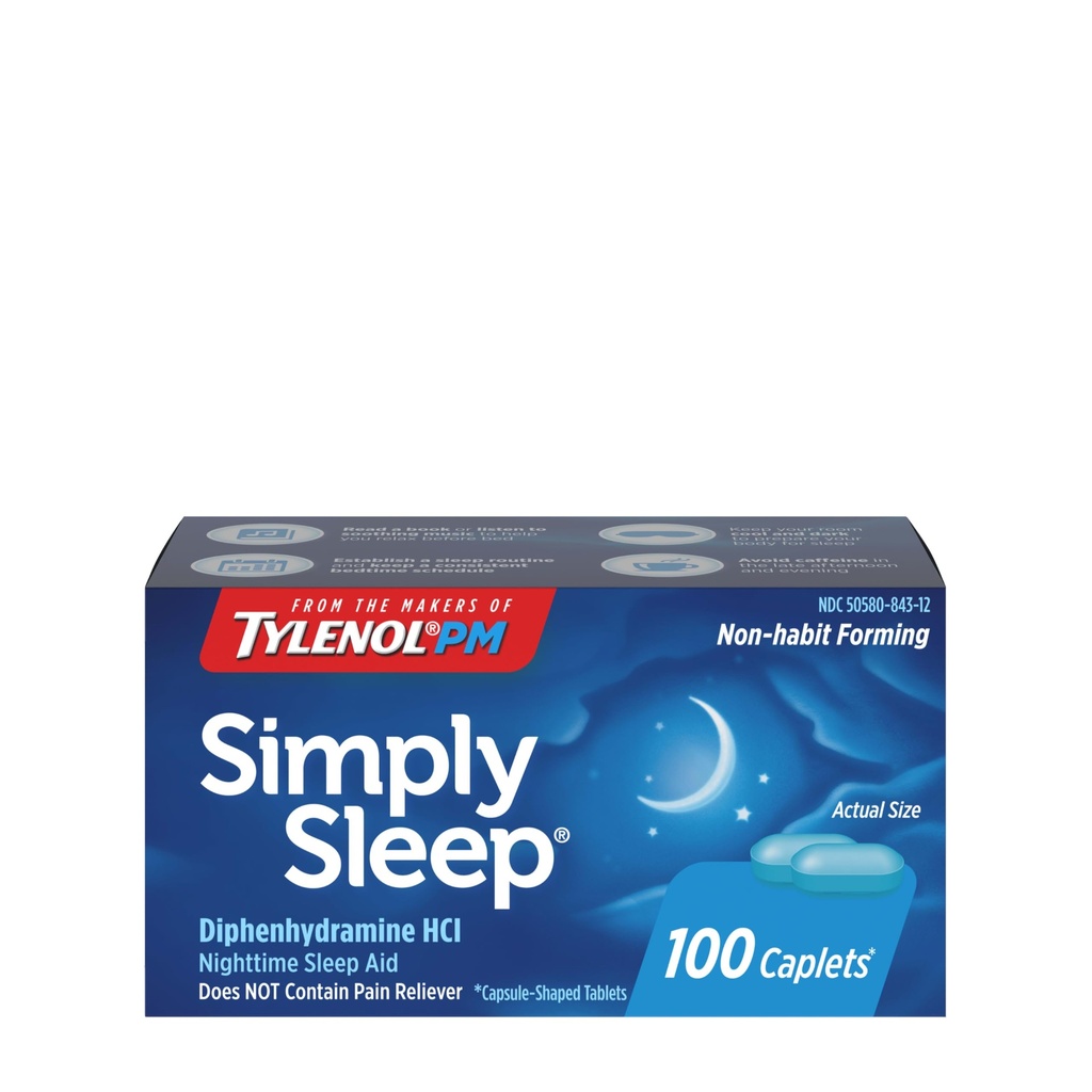 Tylenol Simple Sleep Nighttime Aid Caplets, 25 mg Diphenhydramine HCI, Non-Habit Forming Sleep Aid for Dewata, 100 Count